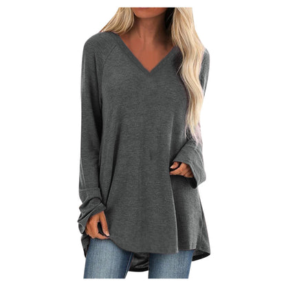 V-neck loose long sleeve pullover T-shirt