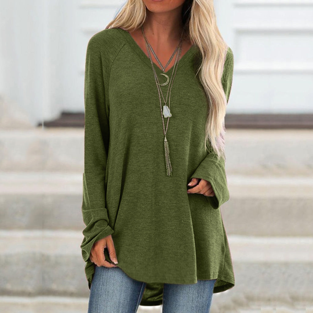 V-neck loose long sleeve pullover T-shirt