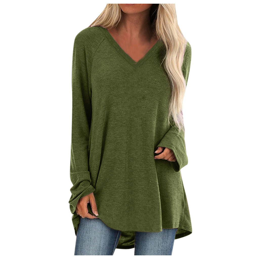 V-neck loose long sleeve pullover T-shirt