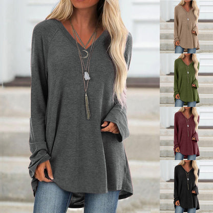 V-neck loose long sleeve pullover T-shirt