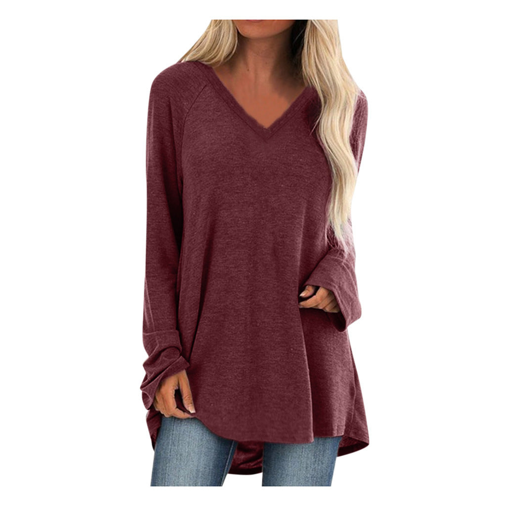 V-neck loose long sleeve pullover T-shirt