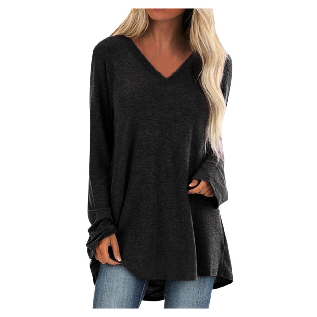 V-neck loose long sleeve pullover T-shirt