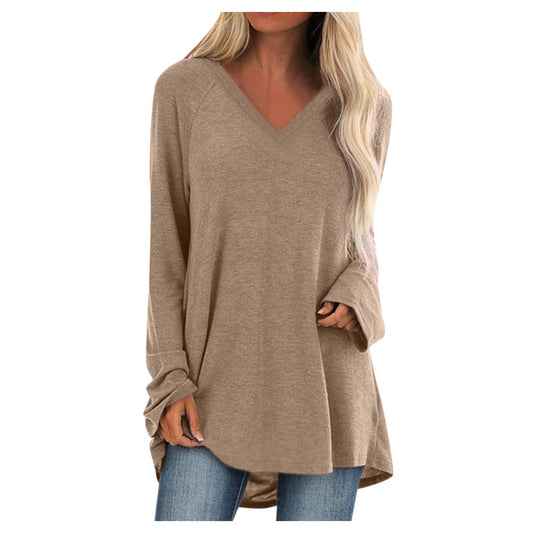 V-neck loose long sleeve pullover T-shirt