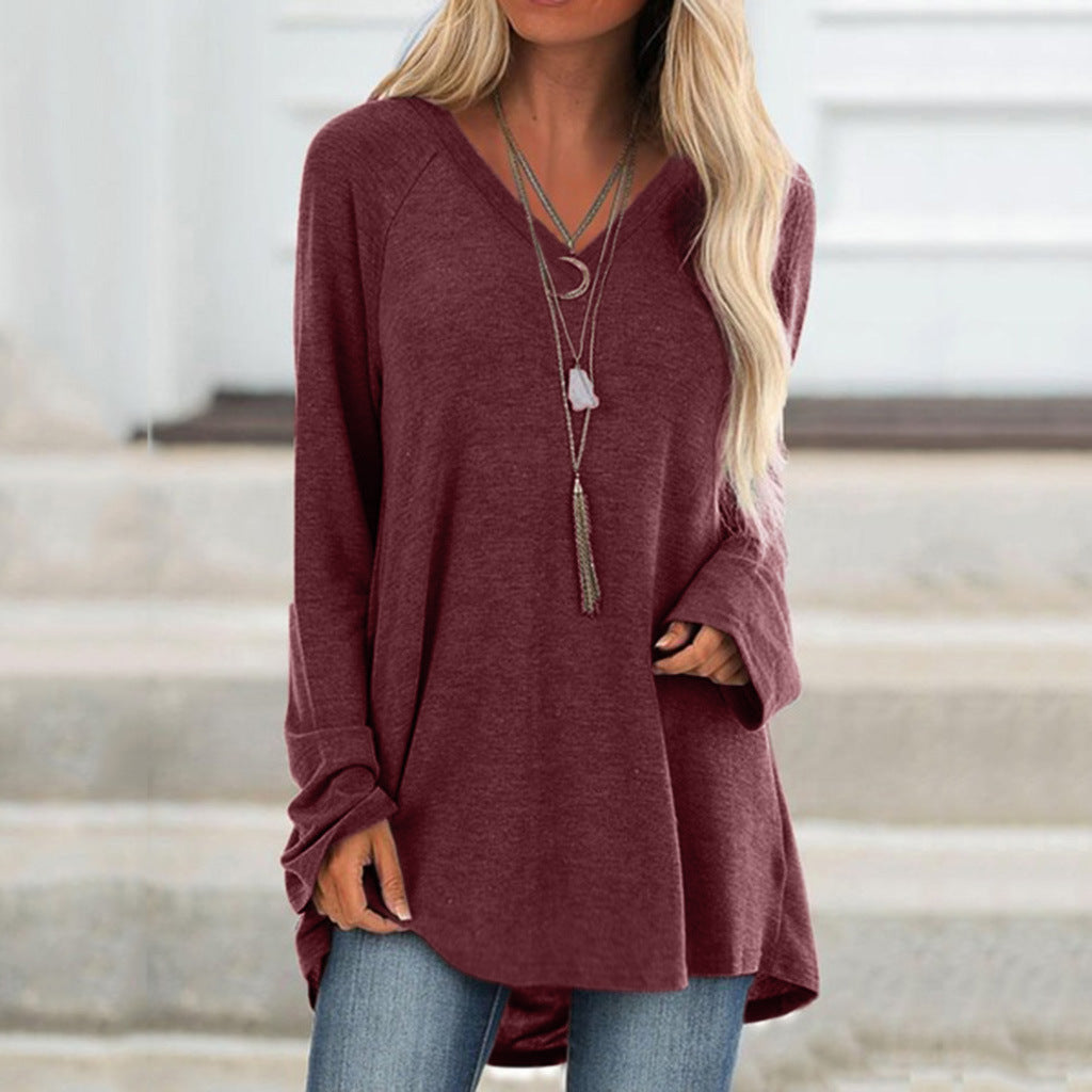 V-neck loose long sleeve pullover T-shirt