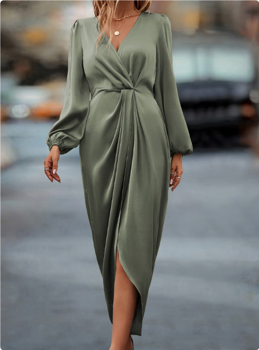 Robe Femme Élegante Unie Cintrée à Fente et Col V